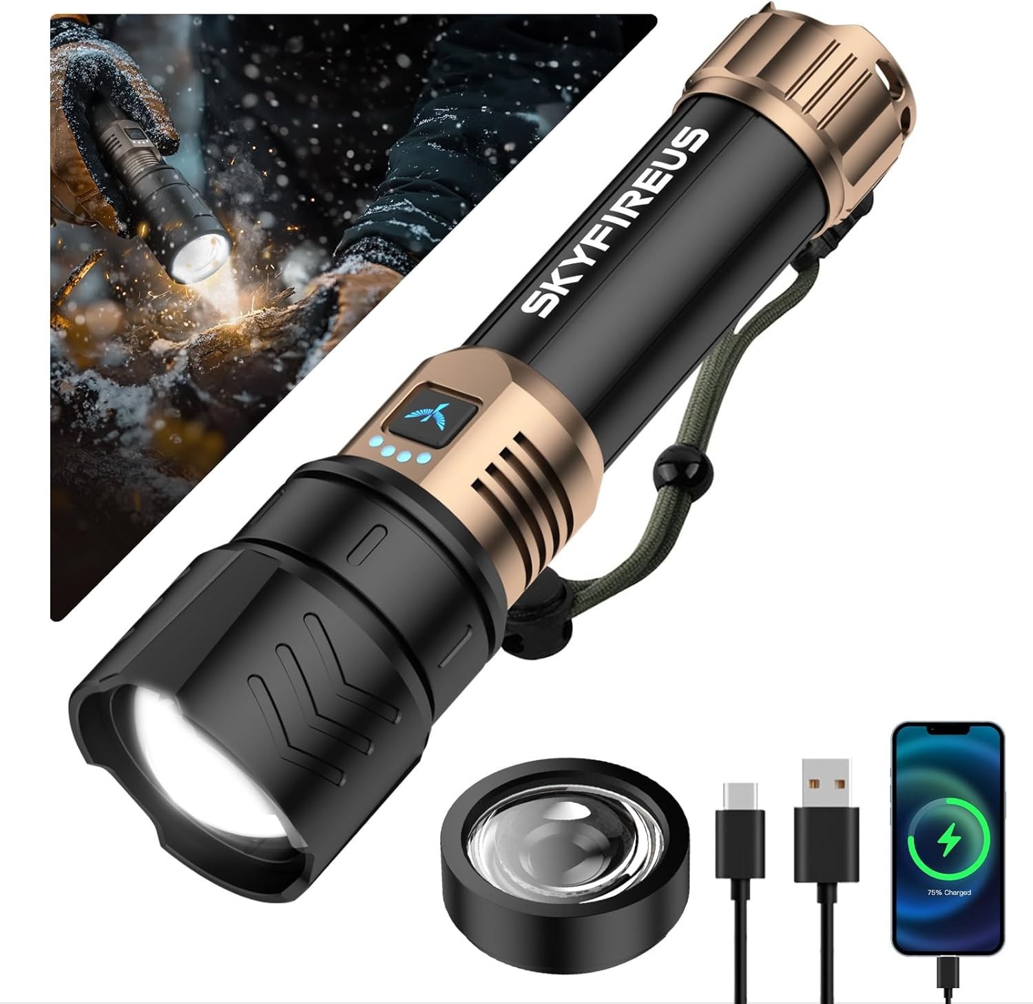 SKYFIRE 1500000LM LED Flashlight Rechargeable Zoom Fire Starter Waterproof