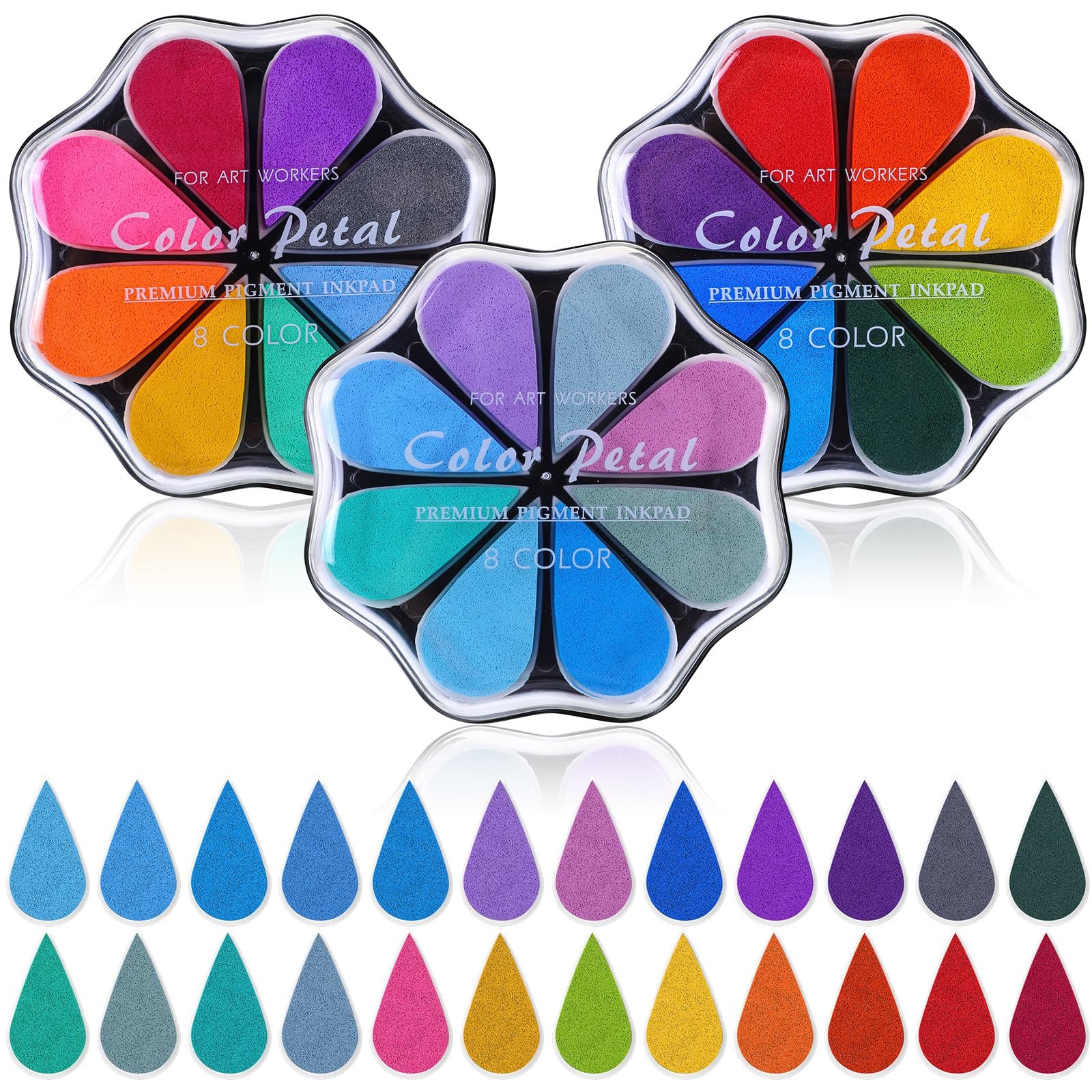 3 Packs Petal Ink Pads Finger Ink Stamp, Rainbow Stamps Washable Waterdrop Sh...