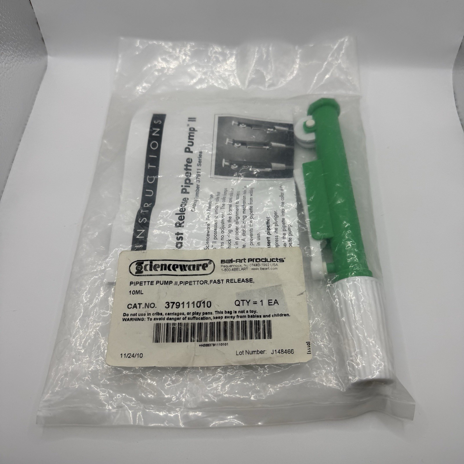 Bel-Art Scienceware Pipette Pump II 10mL Fast Release Green 379111010 NEW IN BAG