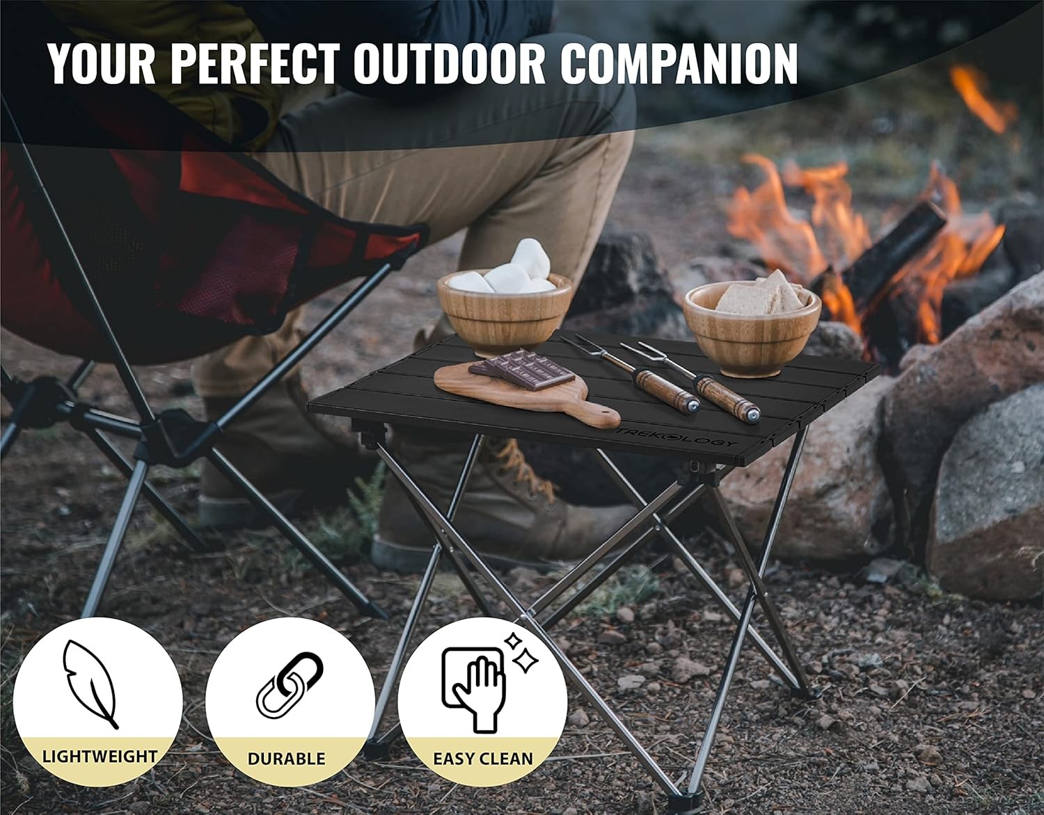TREKOLOGY Small Camping Table - Beach That Fold Up - Obsidian Black