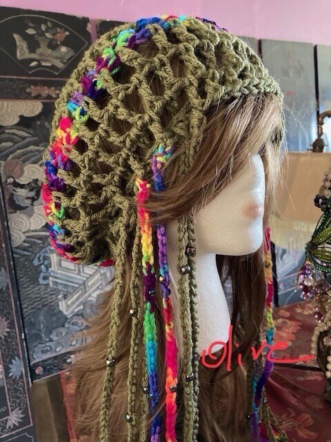 Net Mesh Regae Hat Crochet Olive  Boho Chic Hippie 3 Crochetbysalina