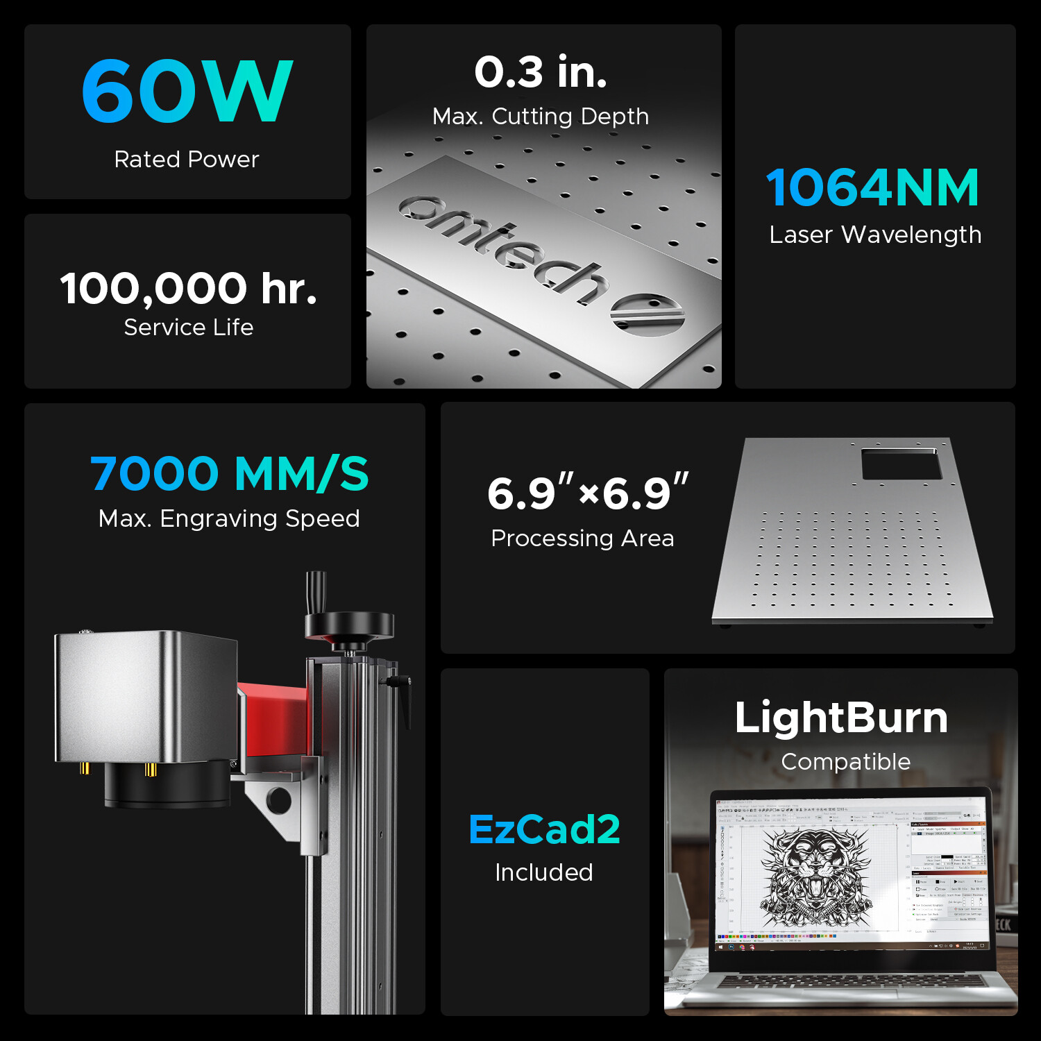 Fiber Laser Marking Machine 60W MOPA Laser f/ 6.9x6.9 Metal Engraving - Used