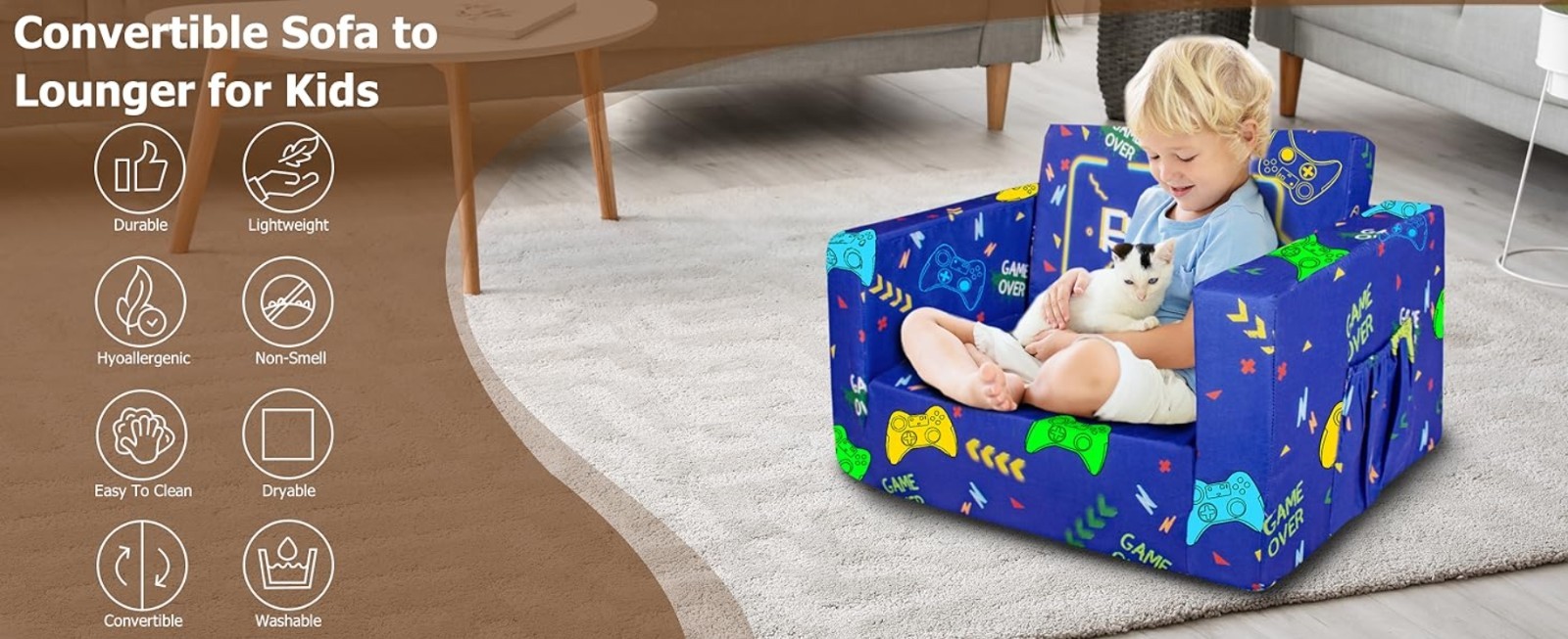 Dinosaur Blue Flip Out Chair To Lounger Couch Sofa For Kids Boys Toddlers 1-3