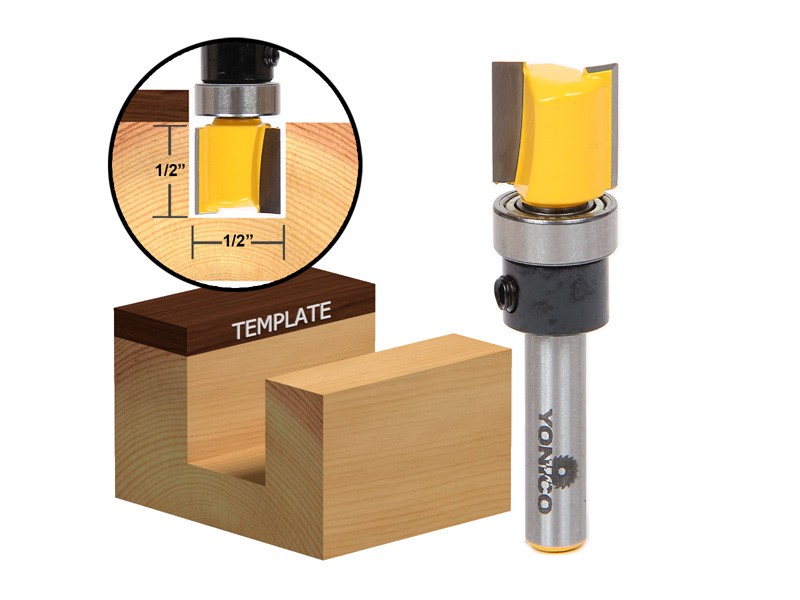 1/2" Hinge Mortise Flush Trim Template Router Bit - 1/4" Shank - Yonico 14169q