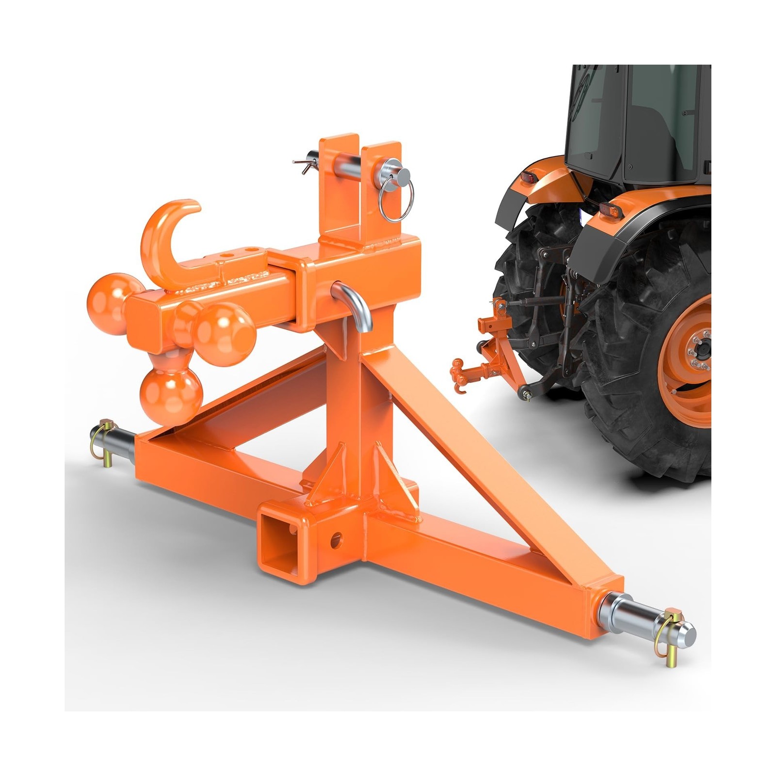 Orange 3 Point Hitch Receiver Dual 2” Receiver with Tri-Ball & Hook, Heavy