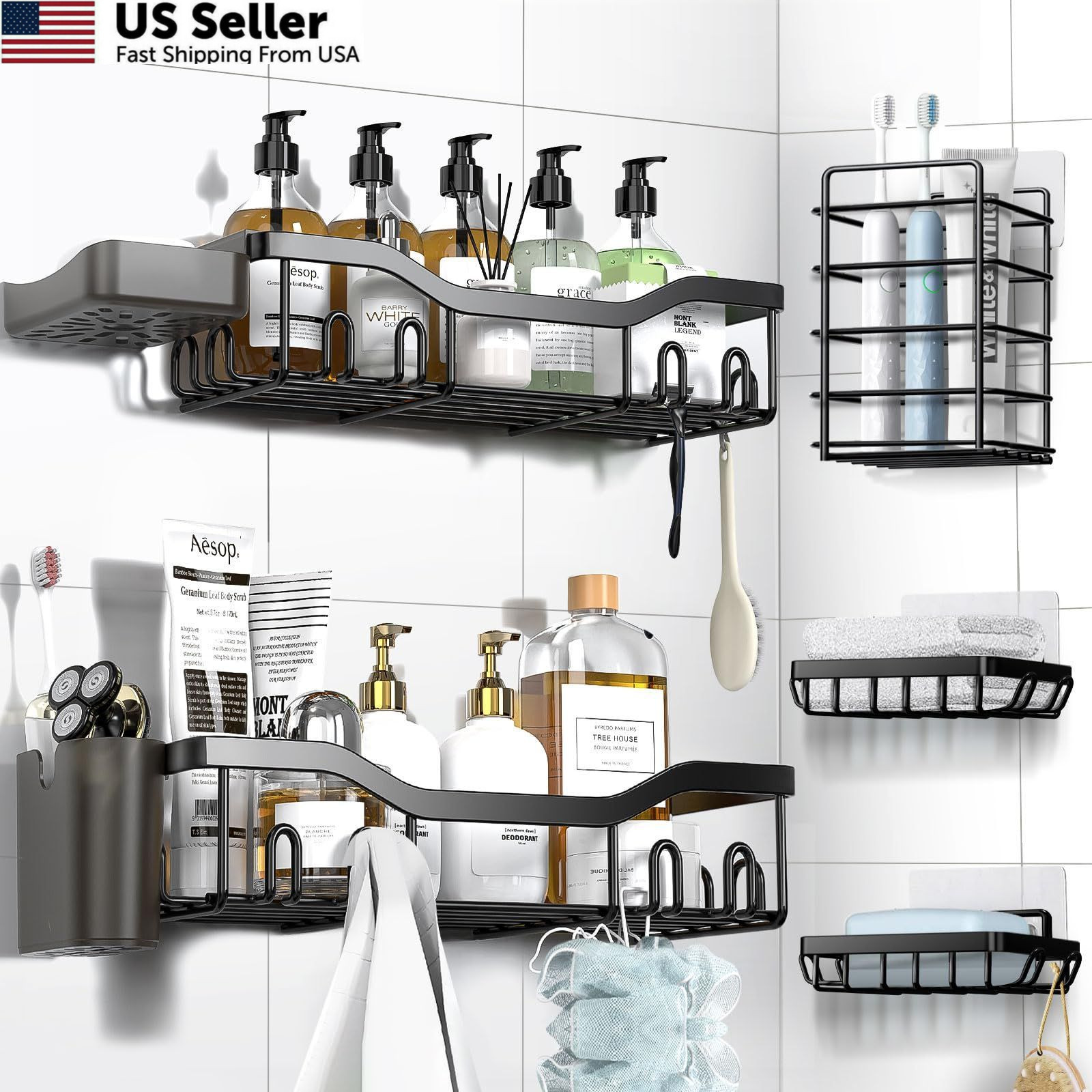 NESOMI Shower Caddy Adhesive Organizer 7-Pack, 7-Piece Set, Black