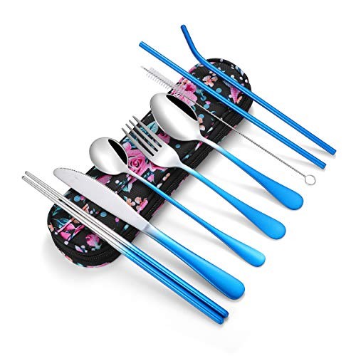 Travel Utensils,Reusable Silverware Set To Go Portable Gradient Blue + TeaSpoon