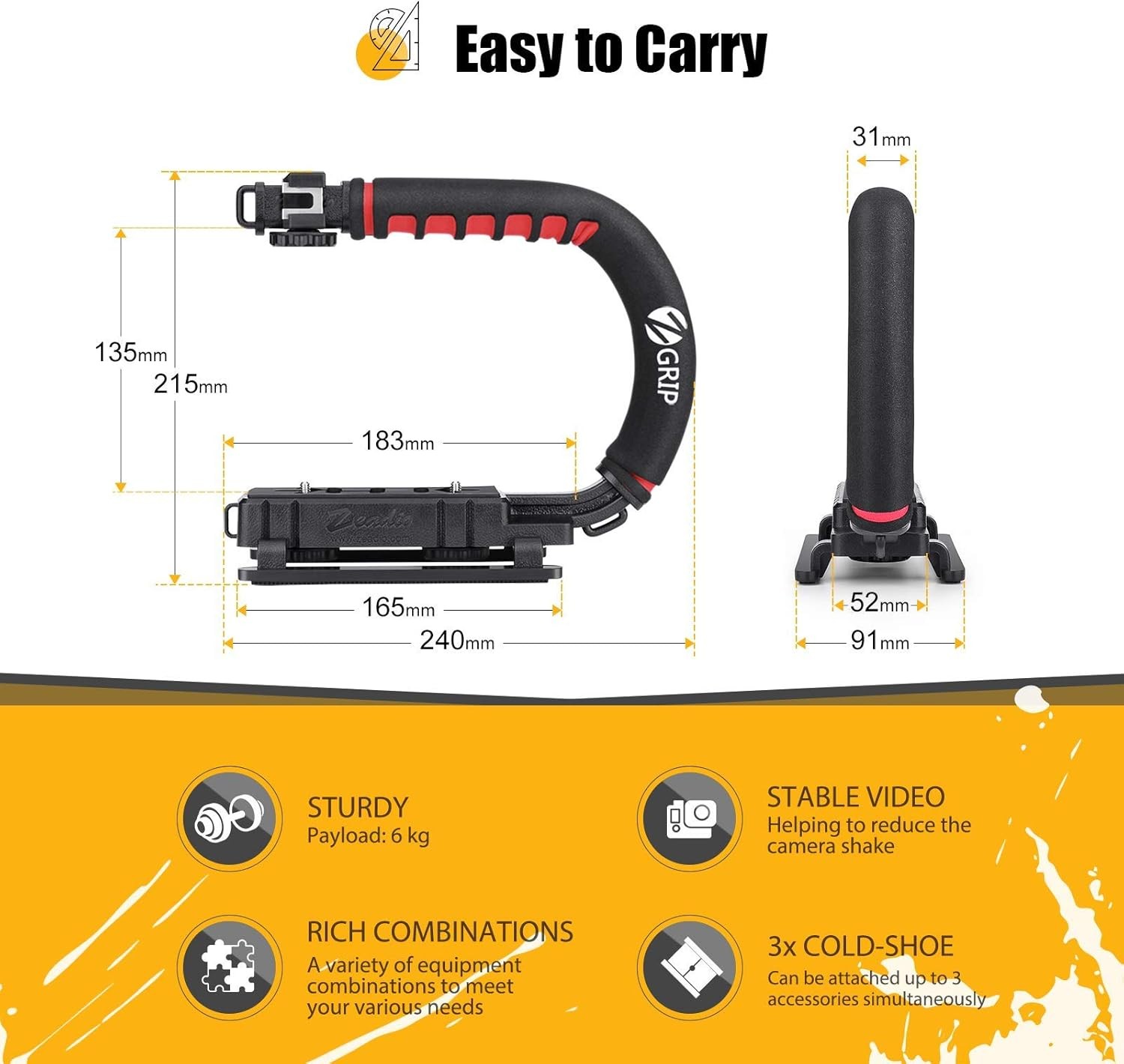 Zeadio Video Action Stabilizing Handle Grip Handheld Stabilizer with Black
