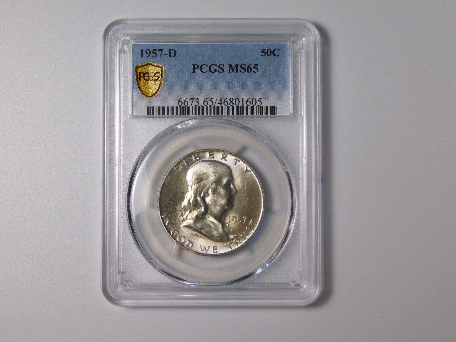 1957-D FRANKLIN SILVER COIN HALF DOLLAR GOLD SHIELD PCGS GRADED MS65