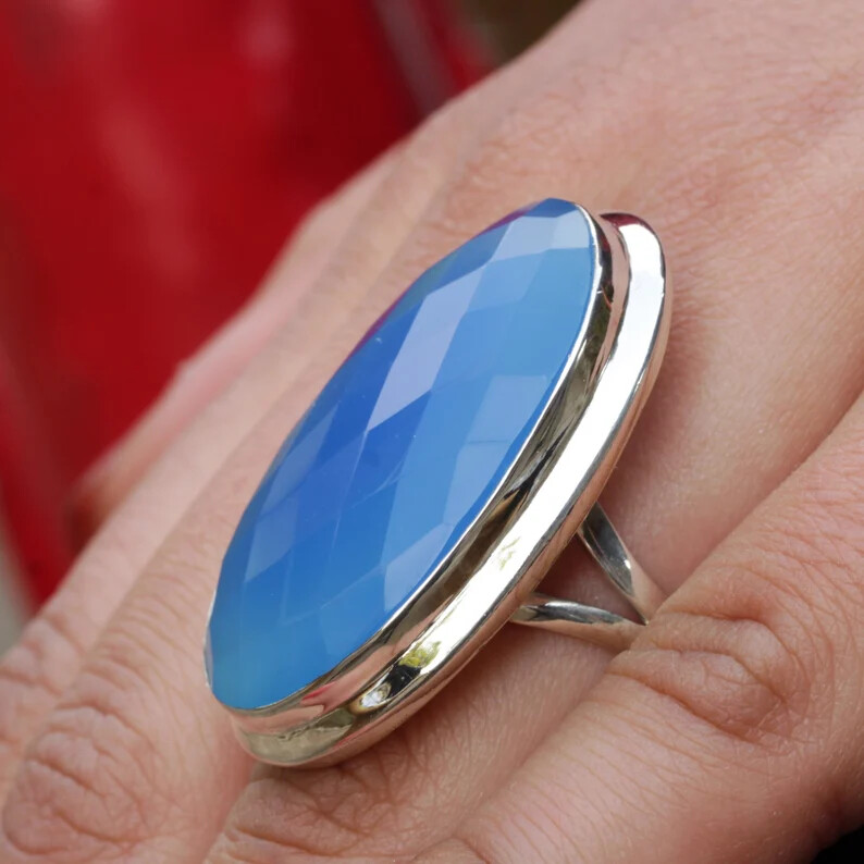 Stunning Blue Chalcedony Gemstone 925 Sterling Silver Handmade Ring AC-82