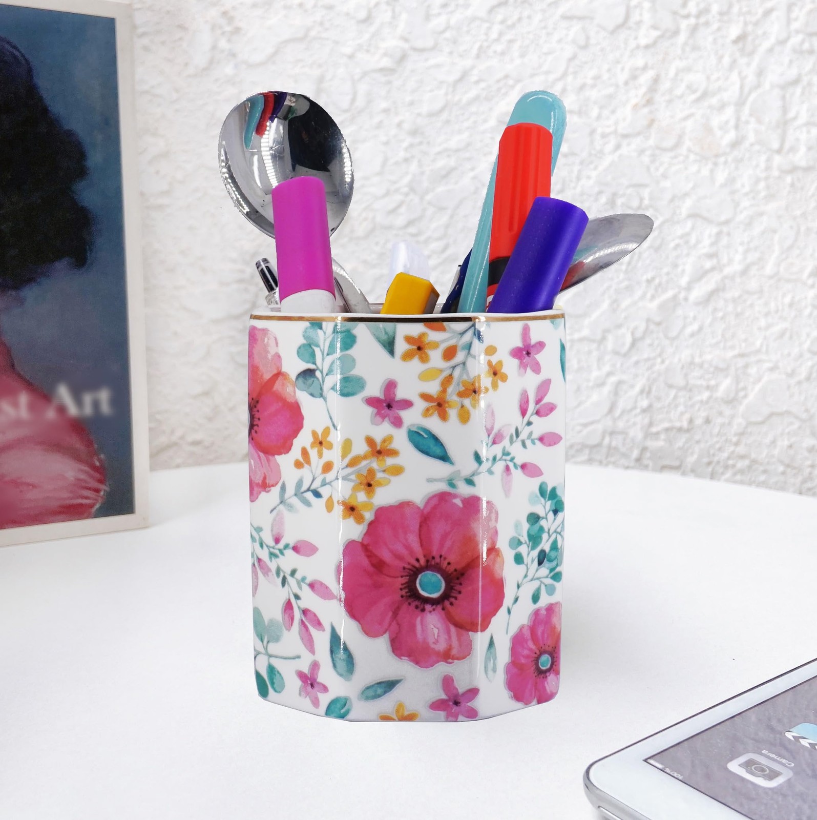 Pen Holder, Makeup Brush Holder Ceramic Shiny Gold Spring Floral Pattern Penc...