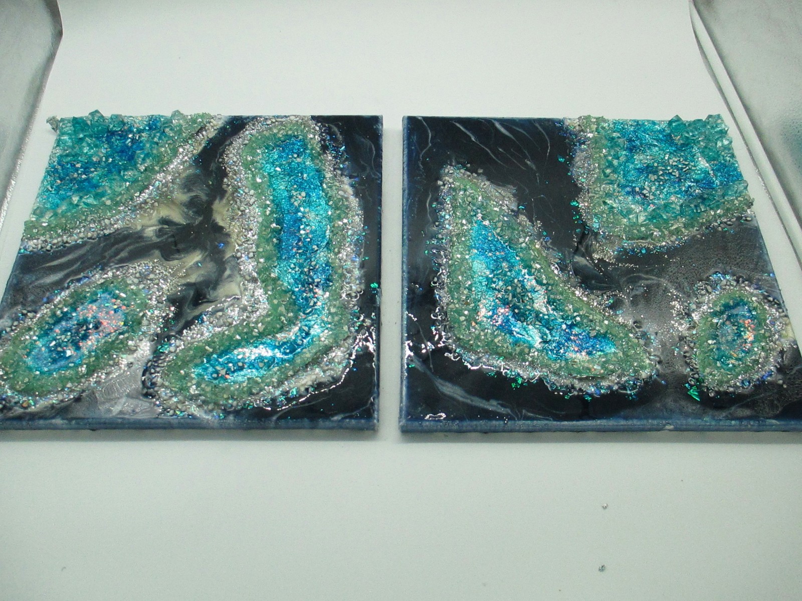 Resin, Crystal Geode Wall Art-2 Blue/Green/Silver Colored Pieces