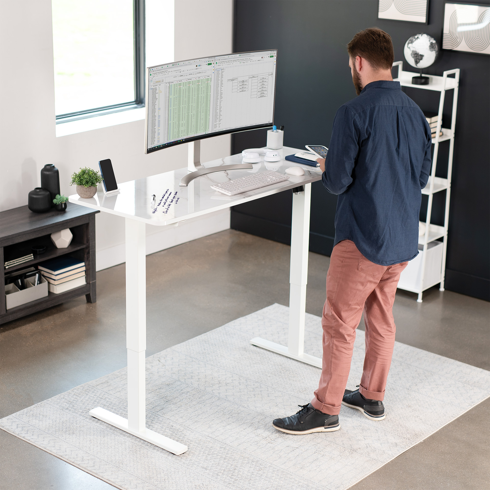 VIVO Electric 60” x 24” Stand Up Desk, White Marble Dry Erase Top, White Frame
