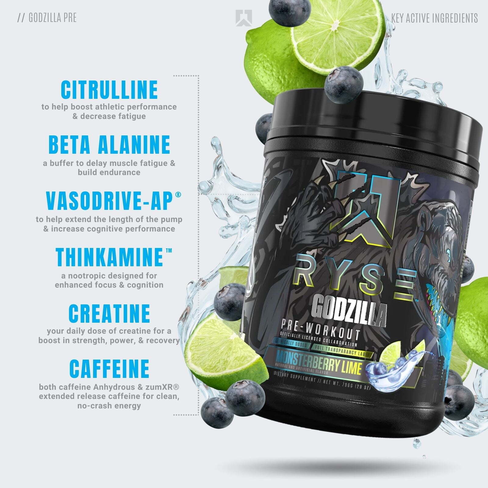 RYSE Godzilla Pre Workout Monsterberry Lime Exp: 02/2025 NO REFUNDS