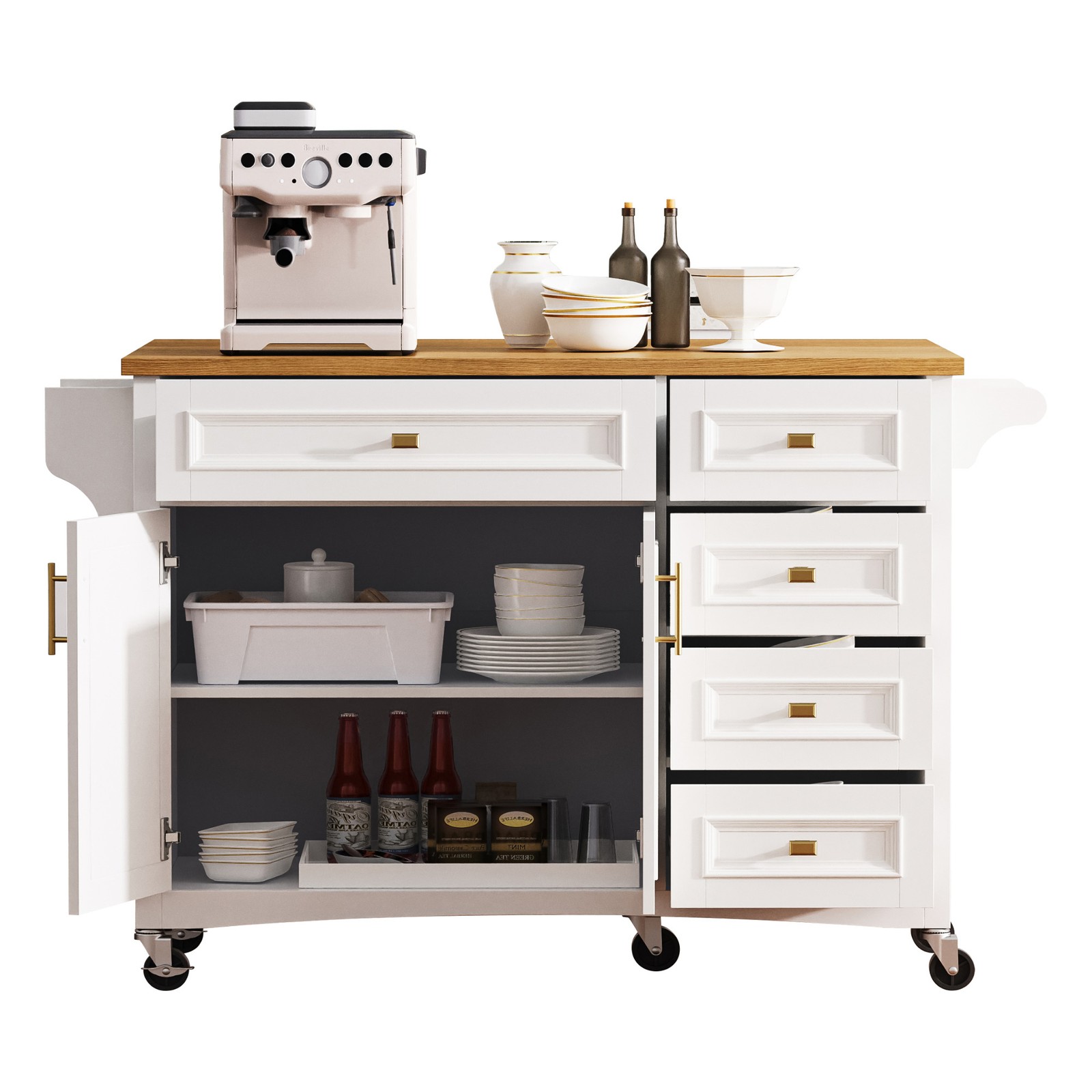 K&K 52'' Kitchen Island with Drop Leaf, Embossed Texture Kitchen Island on Whe