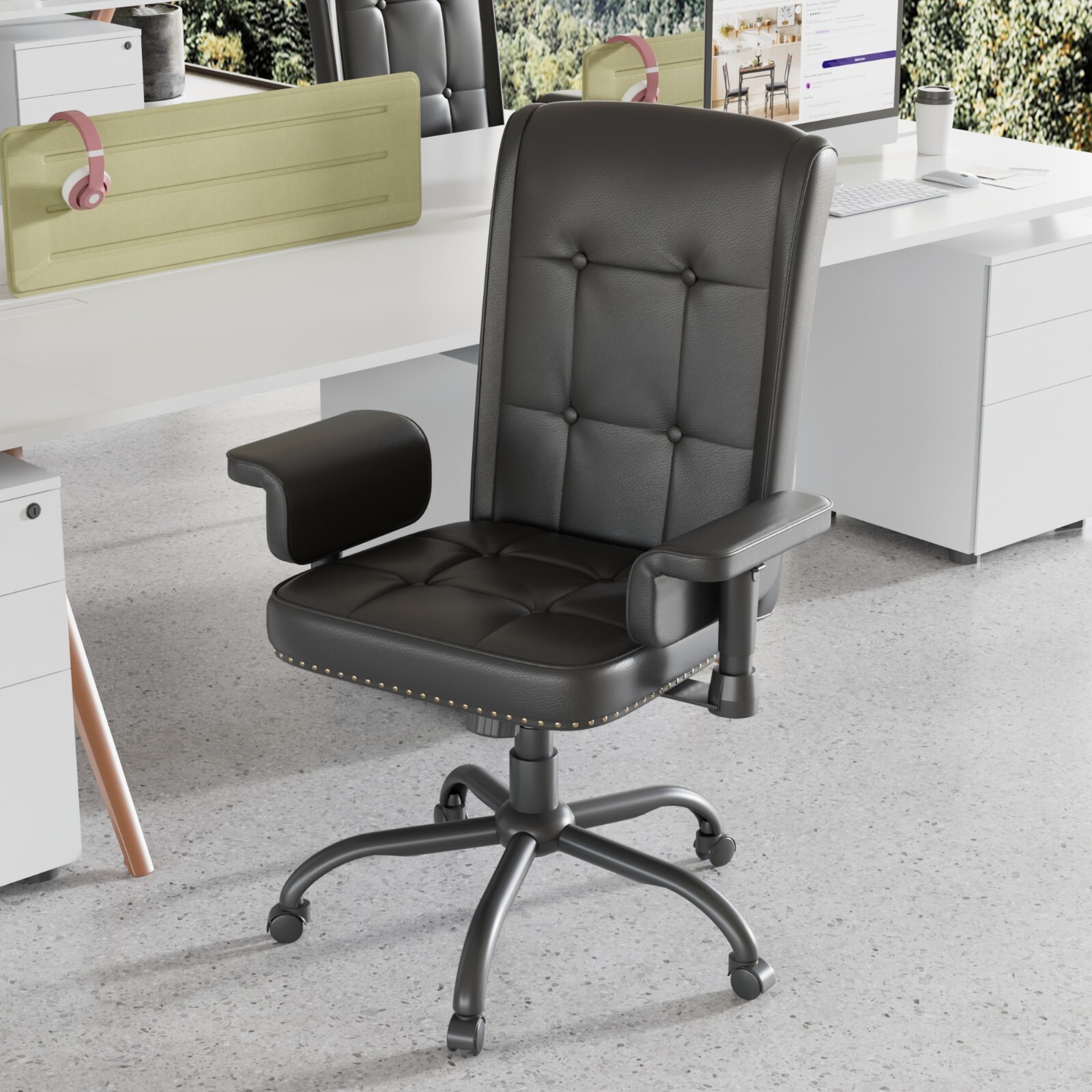 PU Swivel Home Office Chair Computer Task Armrest Chair Height Adjustable, Black