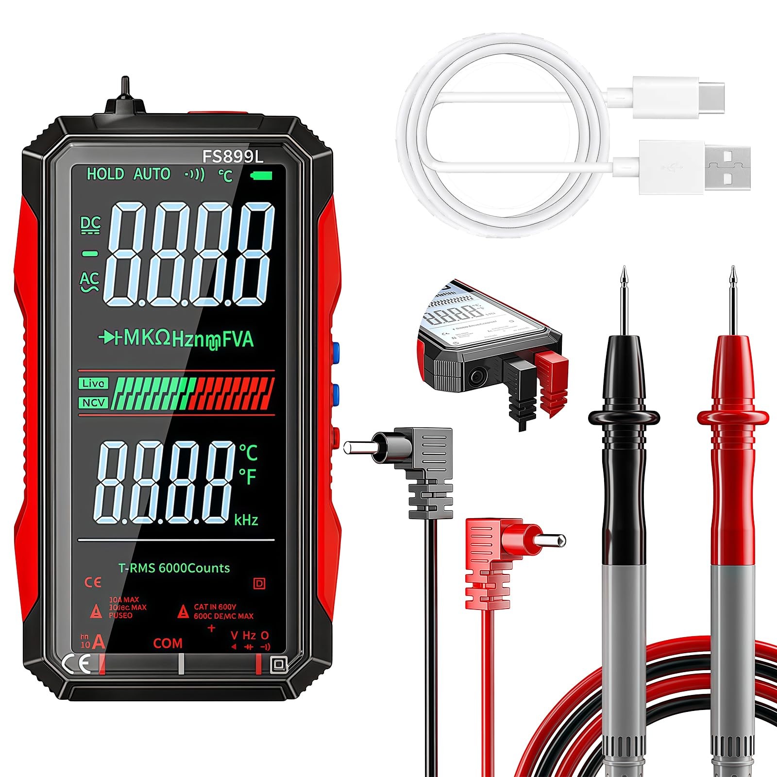 6000 Counts True RMS AC/DC Voltage Tester,FS899L Digital Multimeter black