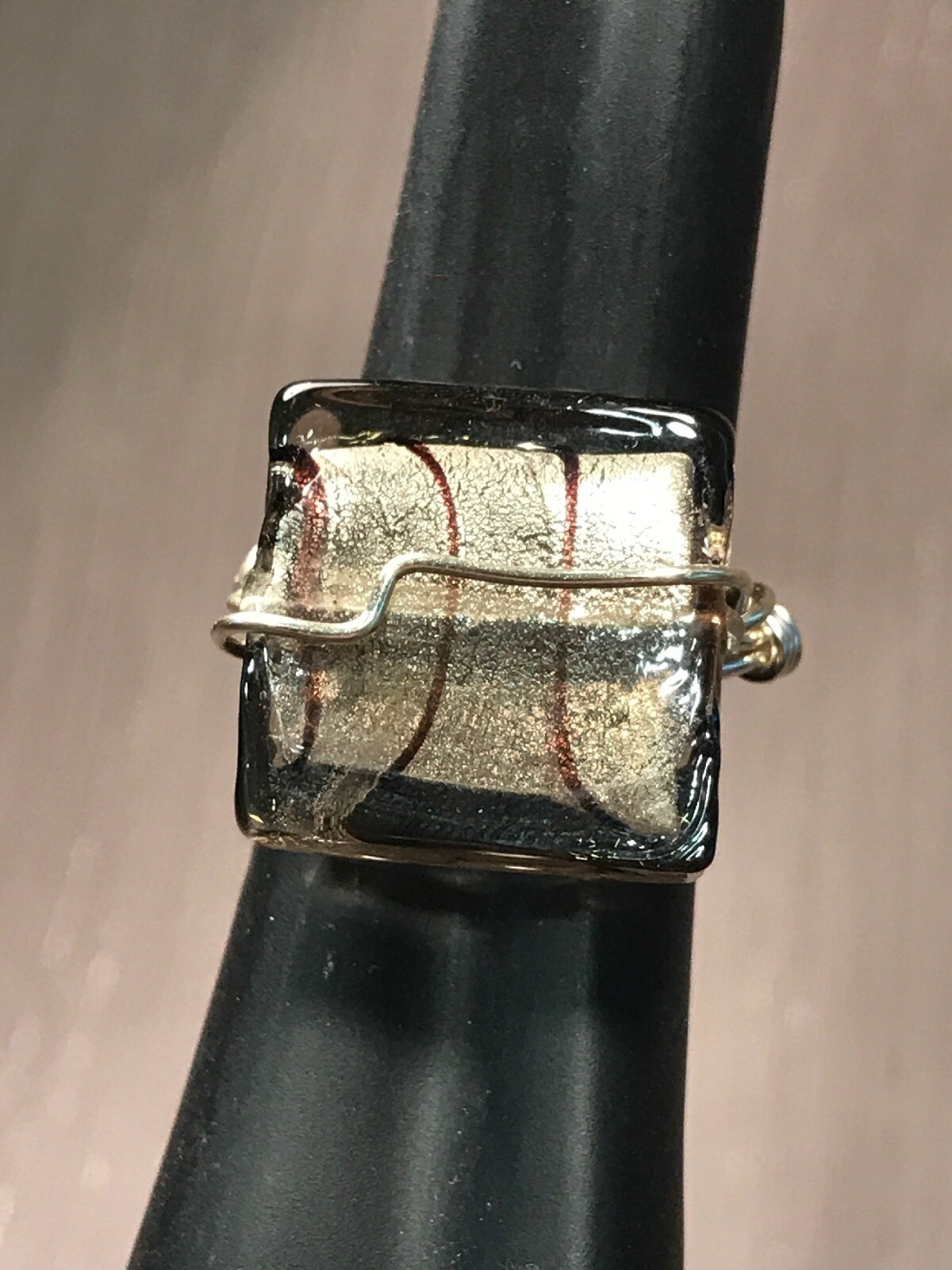 Handmade Artisan Craft Wire Non Tarnish Silver Ring Sq. Large Grey Bead Size 9