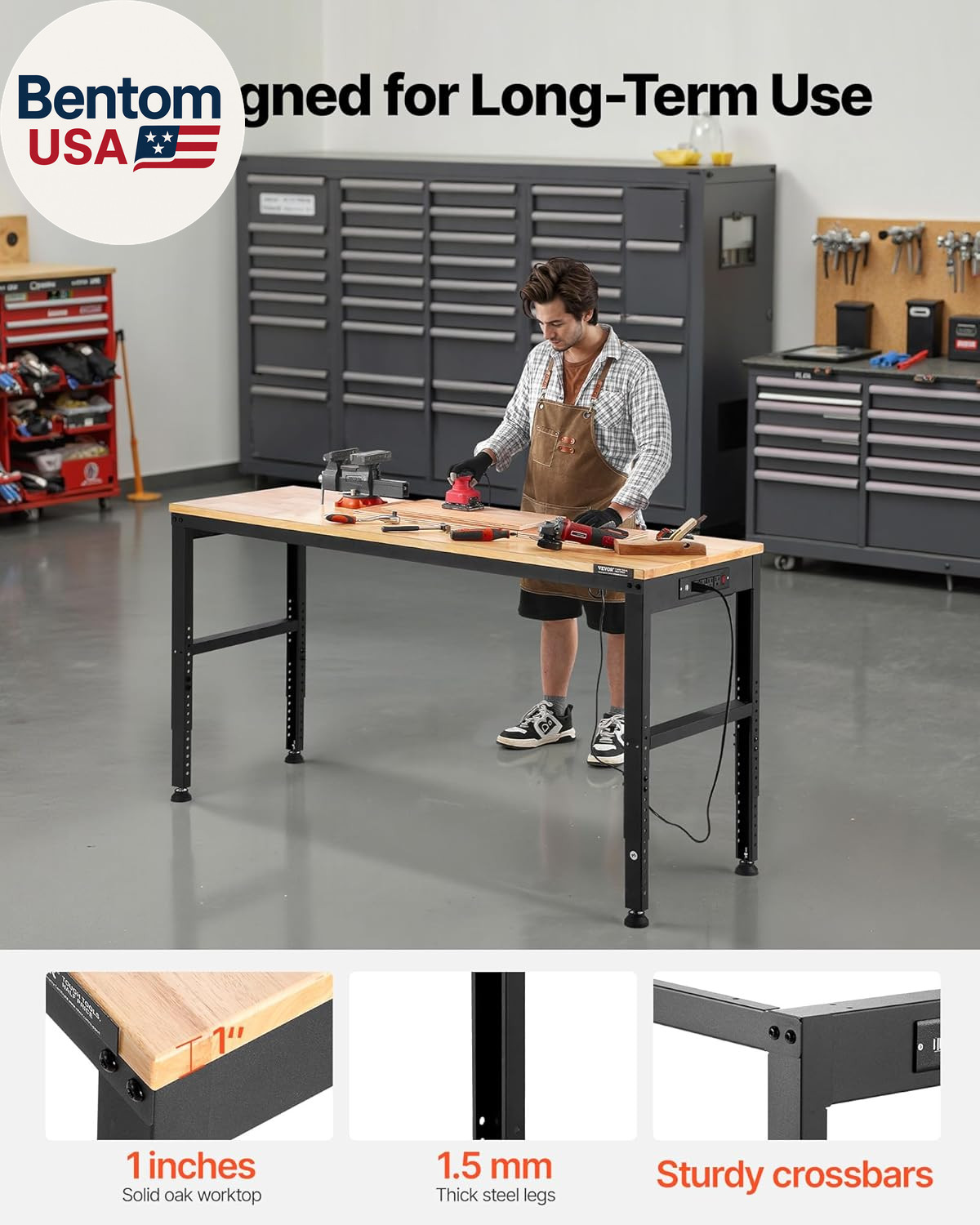 Adjustable Workbench, 2000 Lbs Capacity, 61 X 20-Inch Heavy Duty Work Bench with