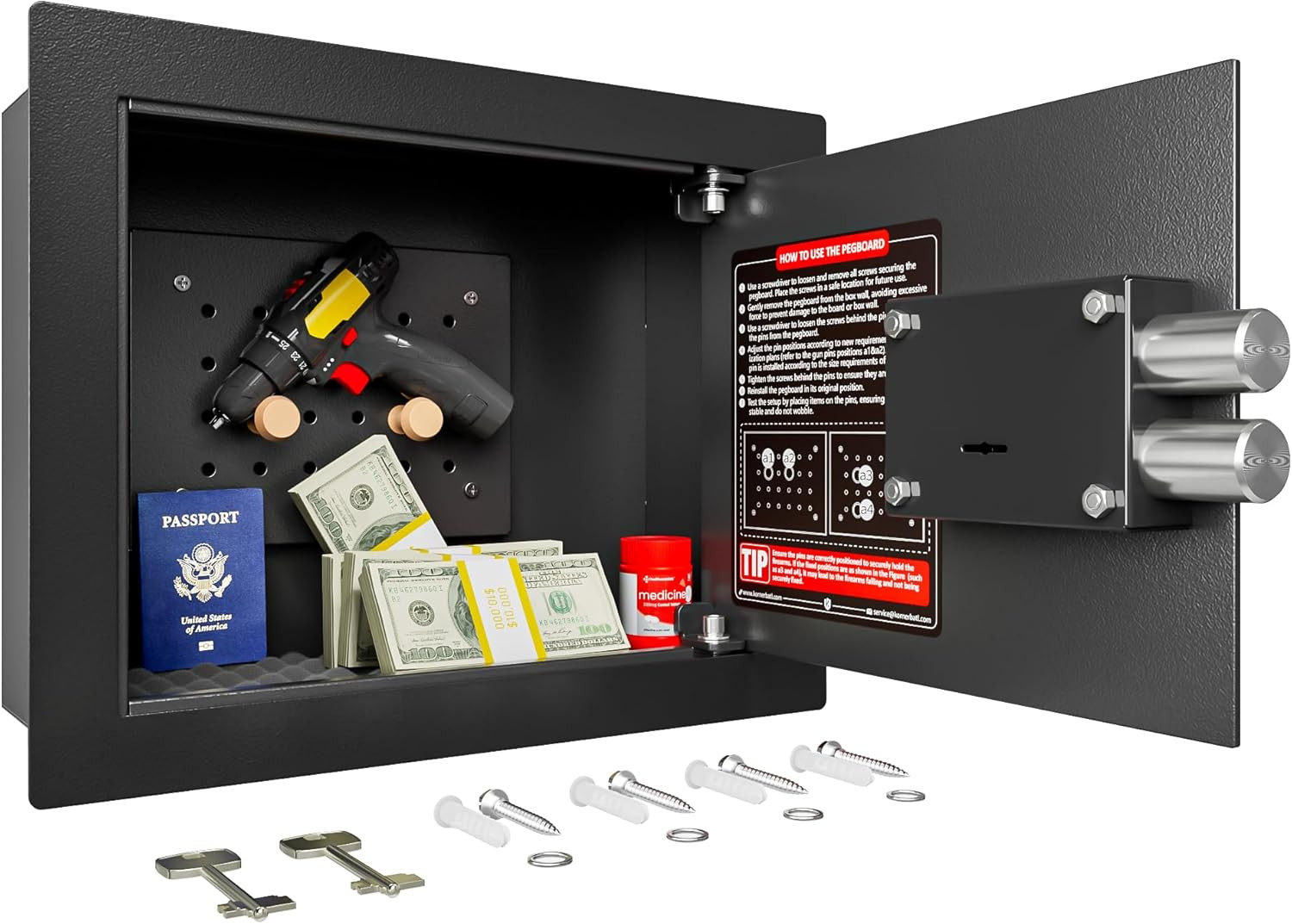 Small Hidden Wall Safe with Removable Pegboard for Jewelry & Documents