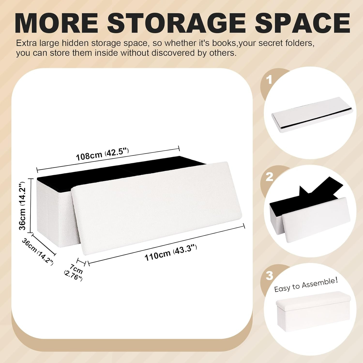 Folding Storage Ottoman Bench, Upholstered Sherpa Ottoman, Large Storage Chest F