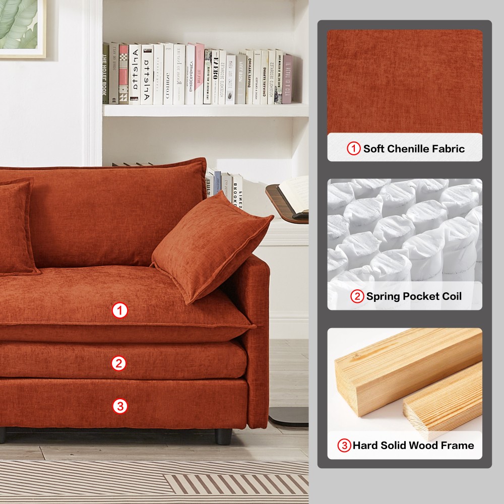 Chenille Sectional Sofa, L-Shaped 3-Seater Modular Couch w/ Ottoman, Dark Orange