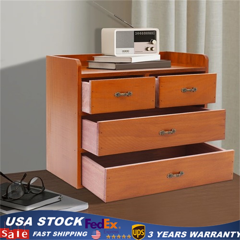 Retro Wooden 4 Drawer Desk Organizer Office Bedroom Tabletop Storage Drawer Box
