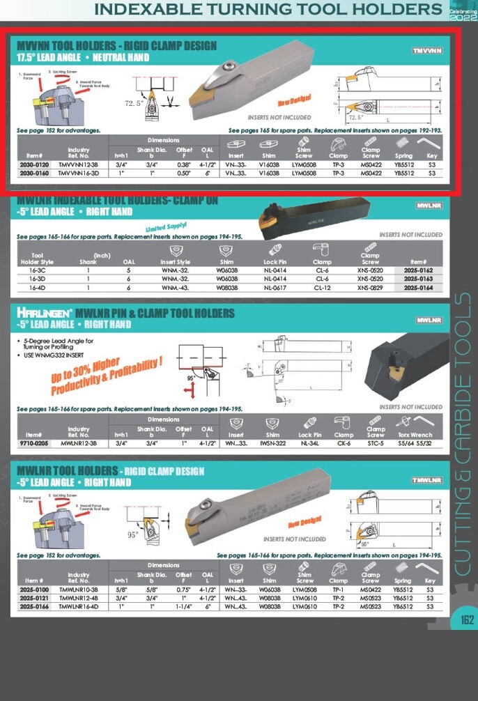 MVVNN 16-3D TURNING TOOL HOLDER - NEW RIGID CLAMP DESIGN (2030-0160)