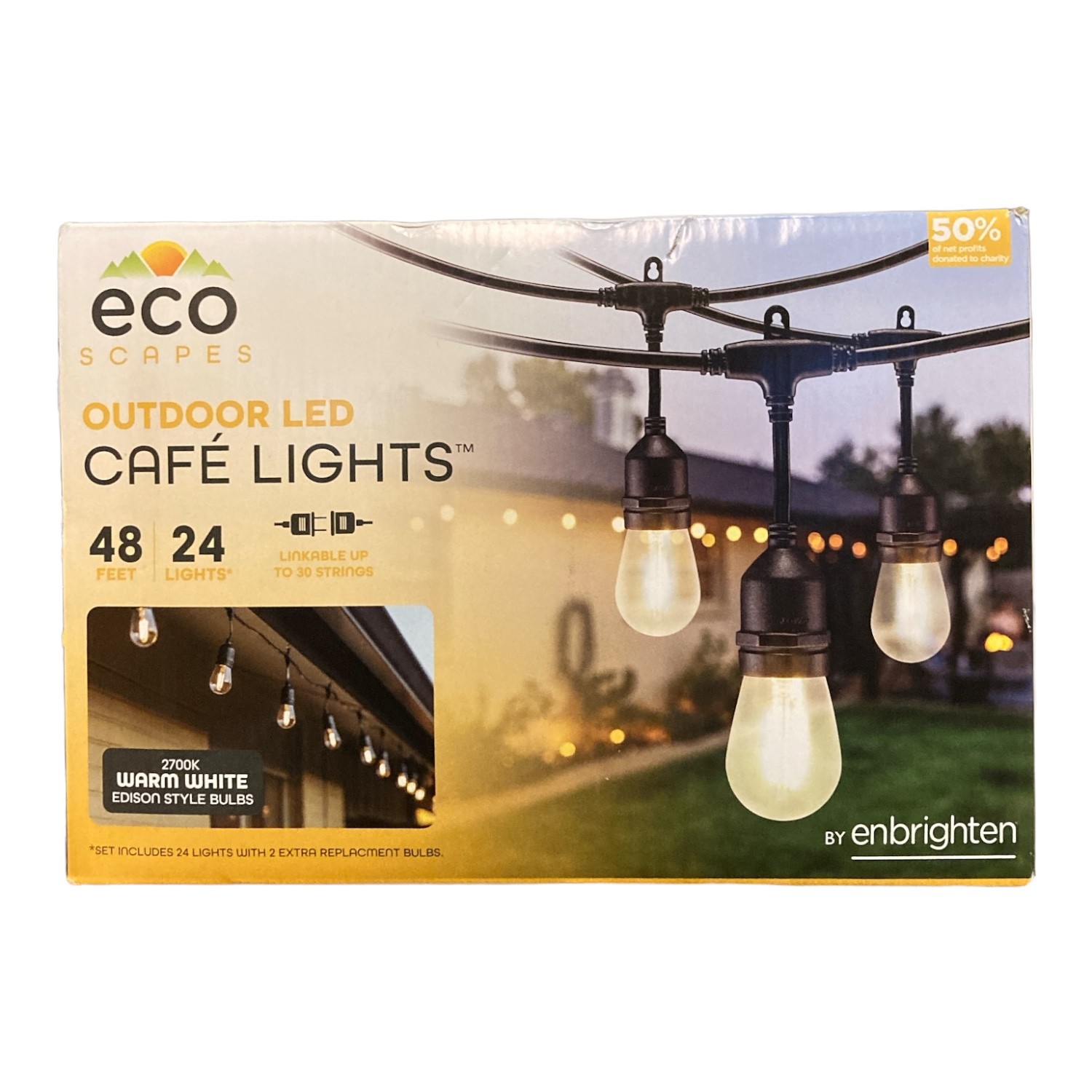 EcoScapes Outdoor LED Cafe Lights, 2700K Warm, Edison Style (24 Bulbs, 48 Feet)