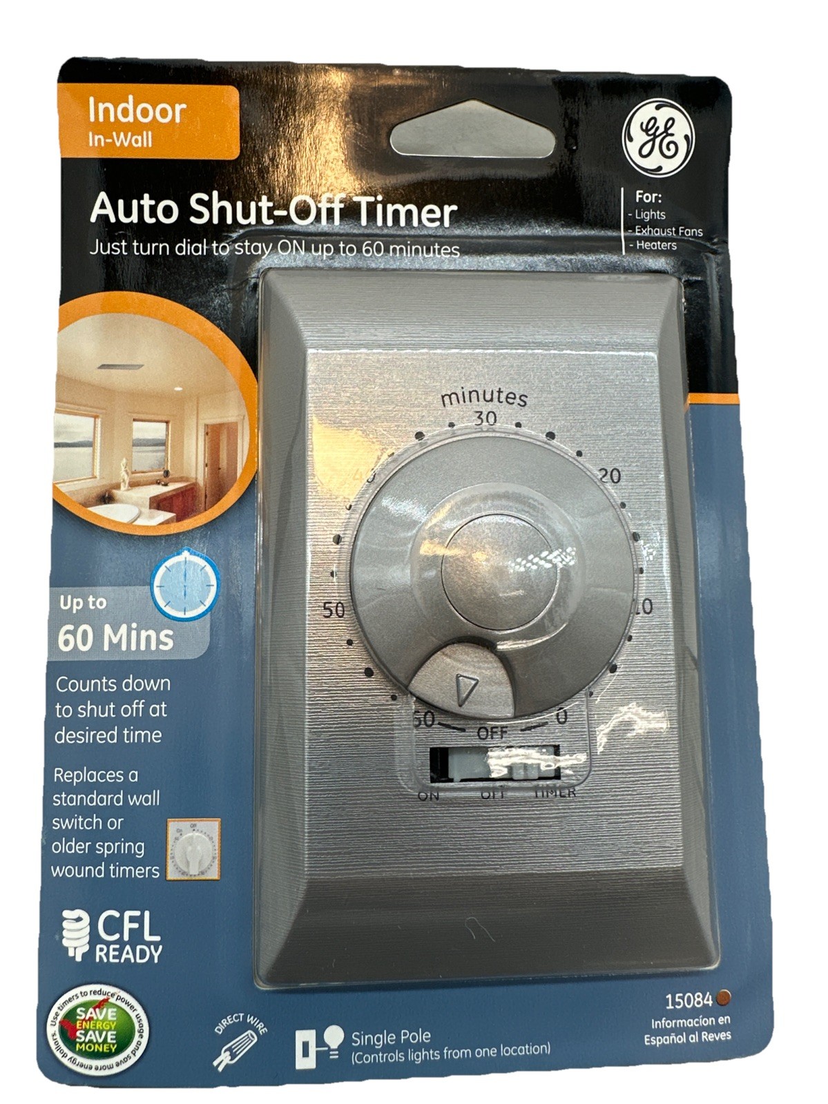 GE 60 MINUTE AUTO SHUT-OFF TIMER - 15069 - HARD WIRE - SINGLE POLE - WHITE {A}