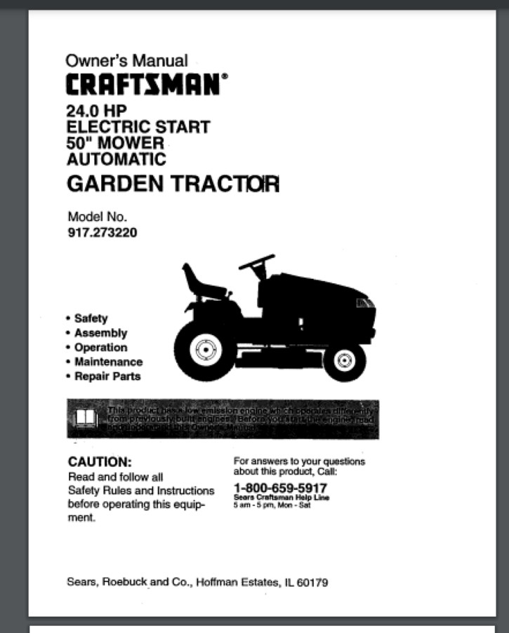 Sears Craftsman 917.273220 Lawn TRACTOR Owner Parts Manual 68 Pages comb bound