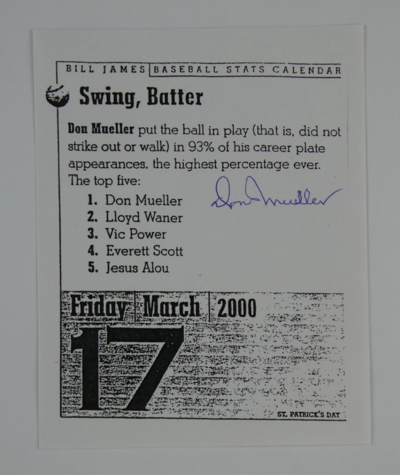 Don Mueller 4.25x5.50 Signed Baseball Stats Calendar Page Autographed
