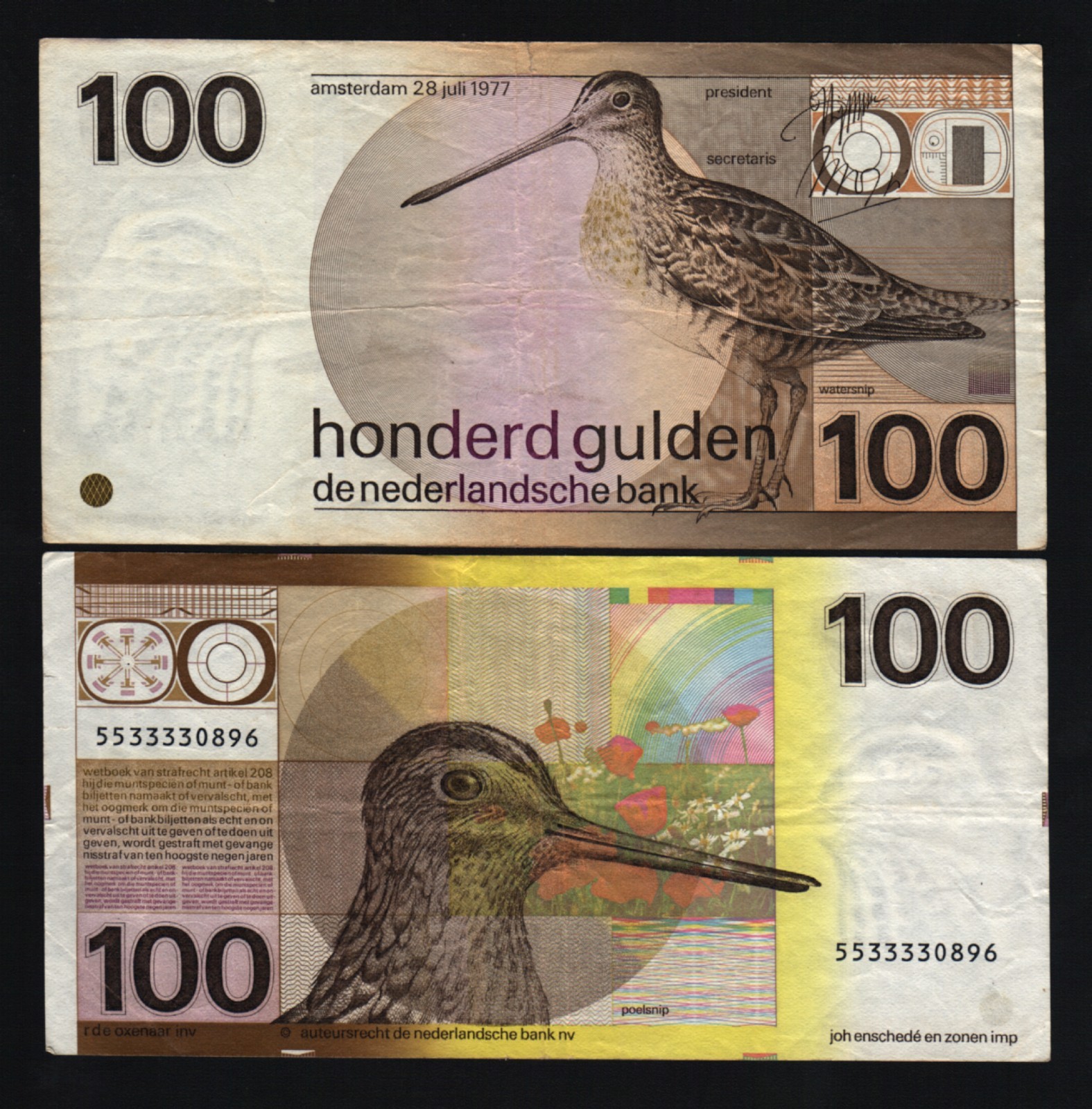 NETHERLANDS 100 GULDEN P-97 1977 x 1 PRE EURO SNIPE BIRD CURRENCY BILL BANK NOTE