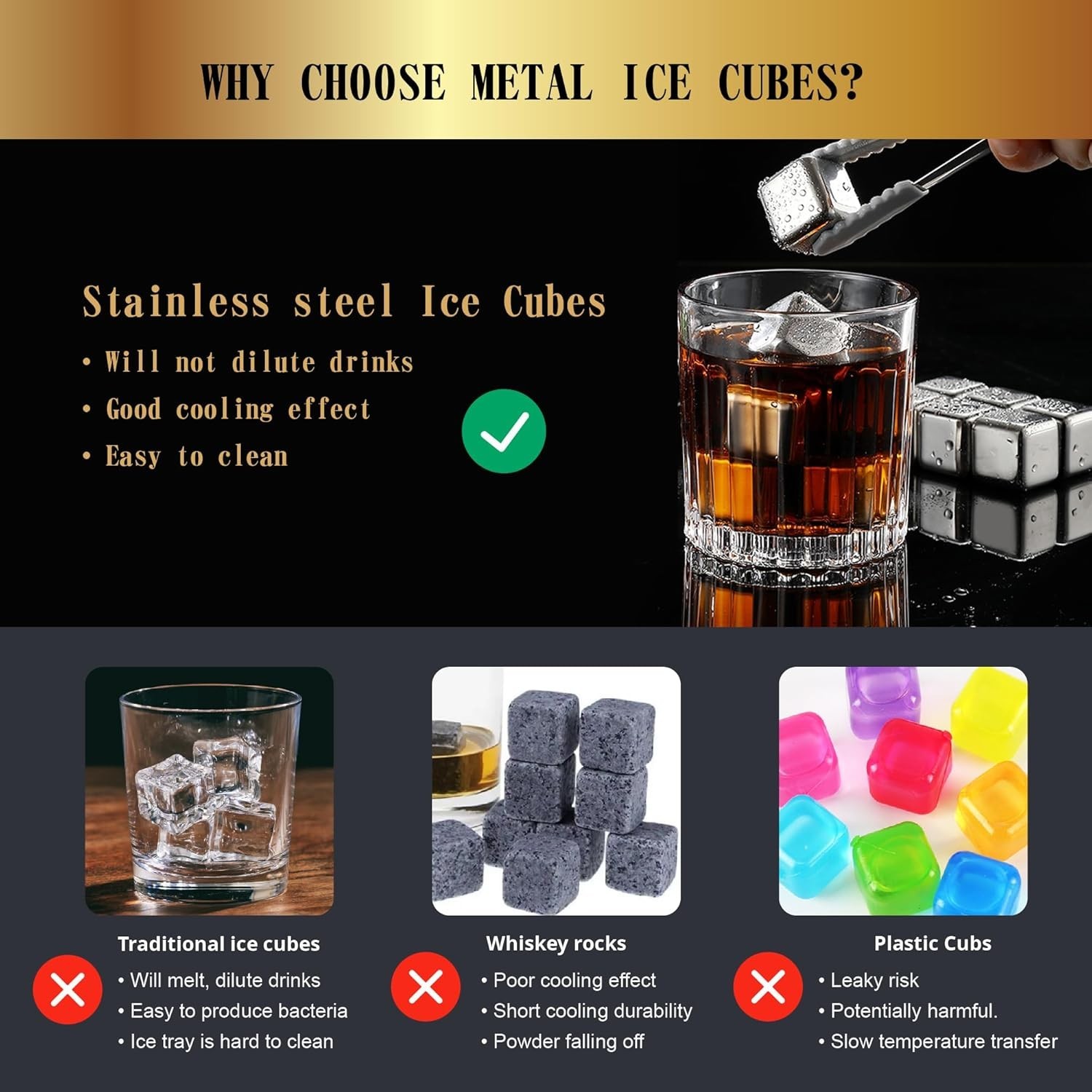 High Cooling Stainless Steel Ice Cubes - 16 Pack For Perfect Drinks Every Time