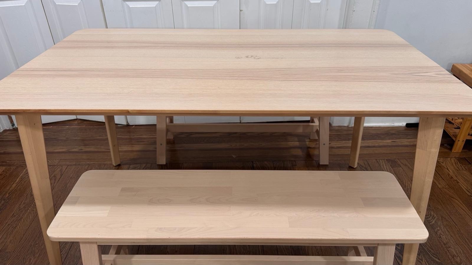 Light Wood Beige Rectangular Dining Table & Bench 2-Piece Set, Seats 4