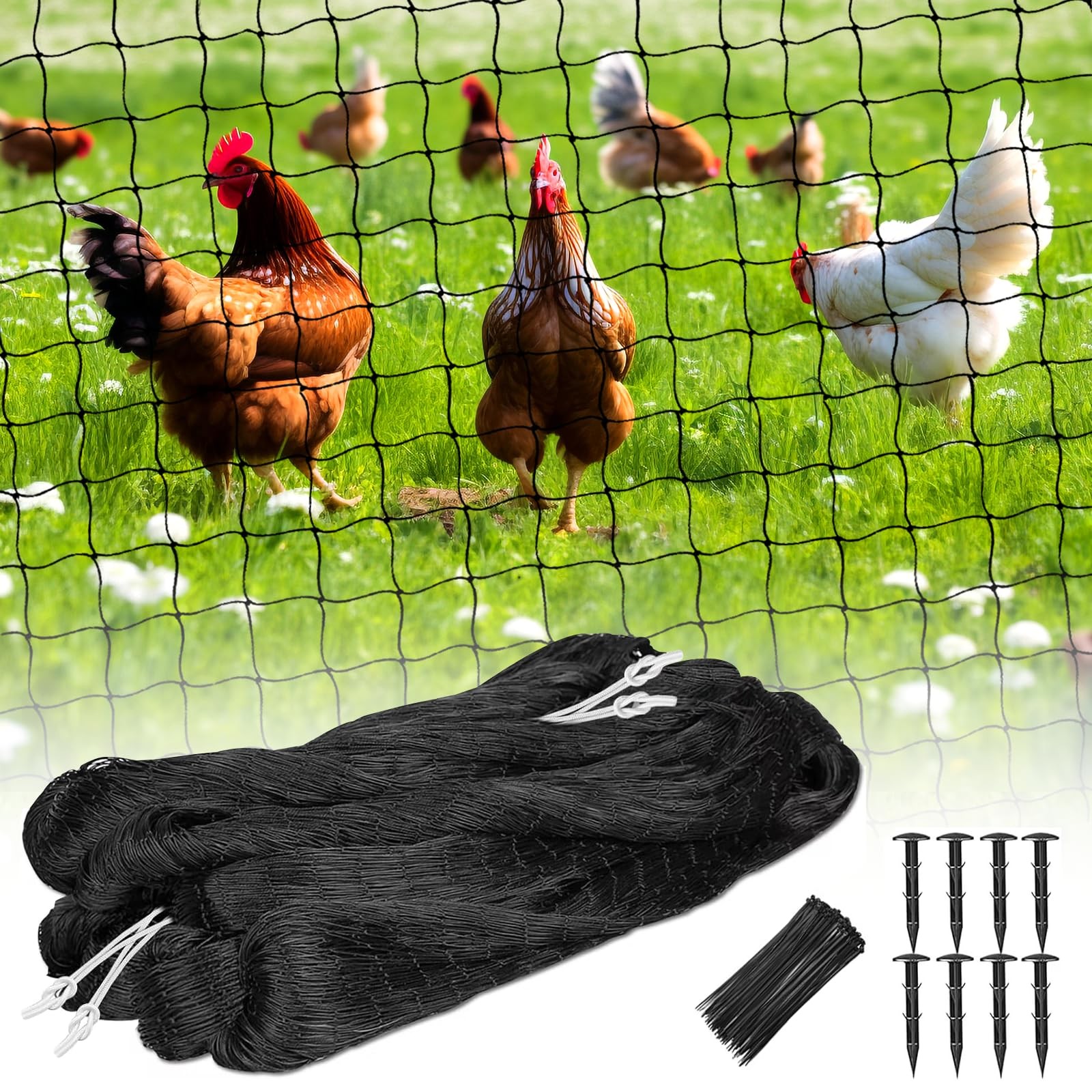 Bird Net 25'x50' with 1" Mesh Nylon Netting for 25'×50'-1'', Black