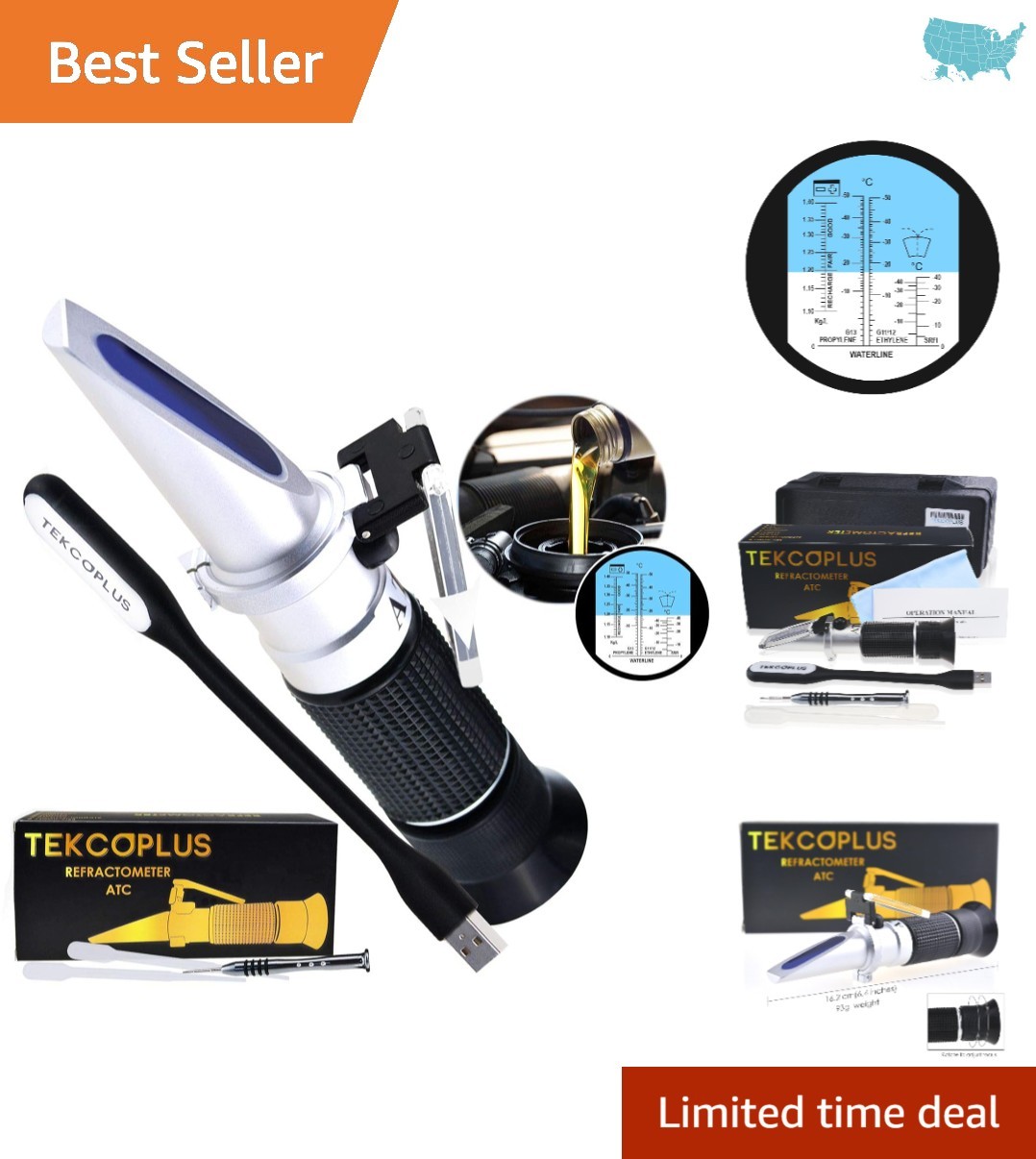 Precision Antifreeze Refractometer with Large Scale & USB LED Light for Testing