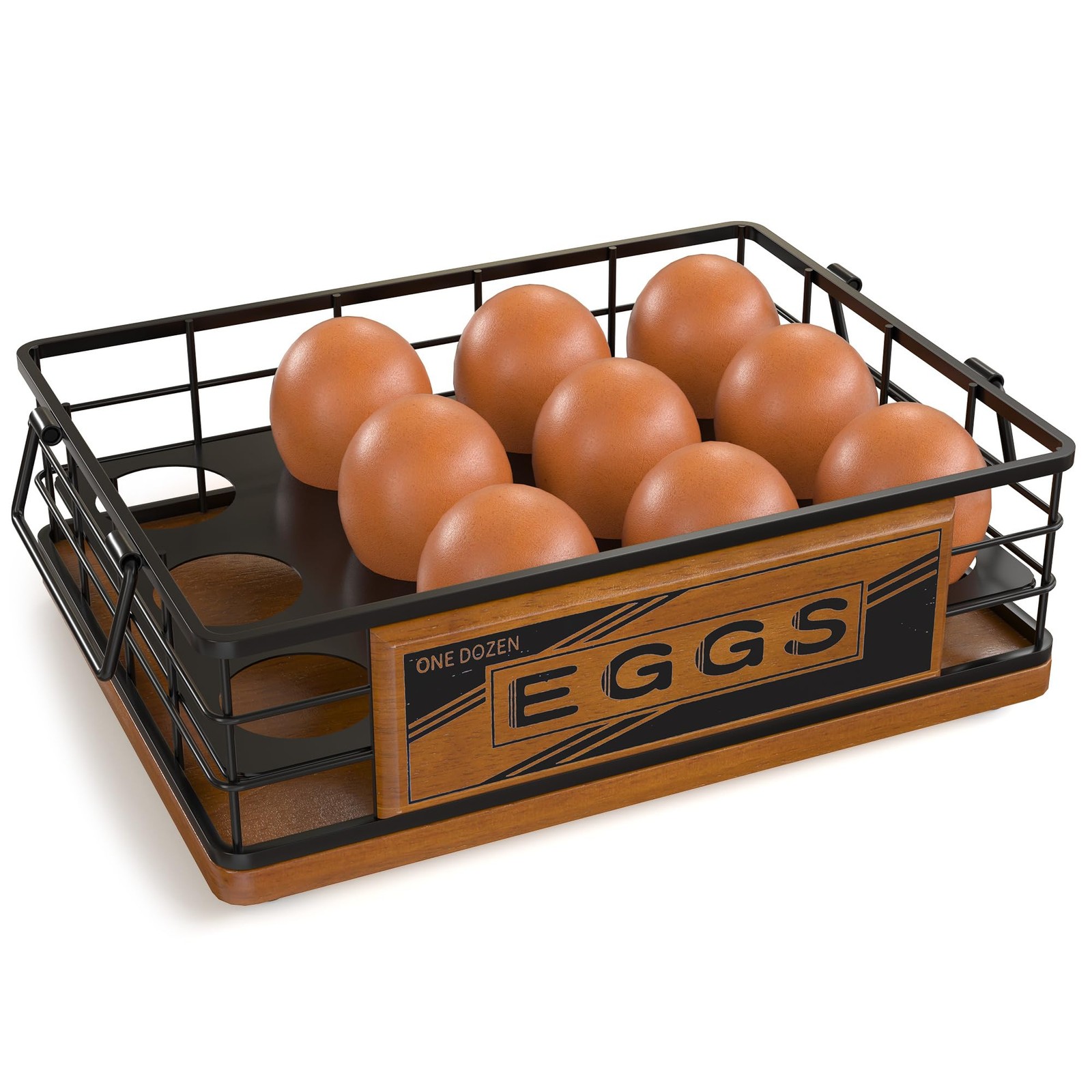 Farmhouse Wooden Egg Holder Countertop, Oak Wood & Metal Egg Basket with Hand...