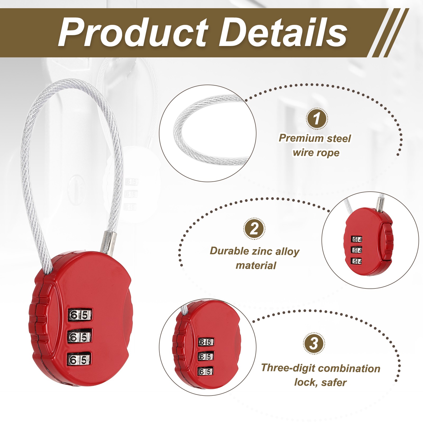 1-Pack Combination Padlock, 3 Digit Round Shaped Cable Luggage Lock [Red]