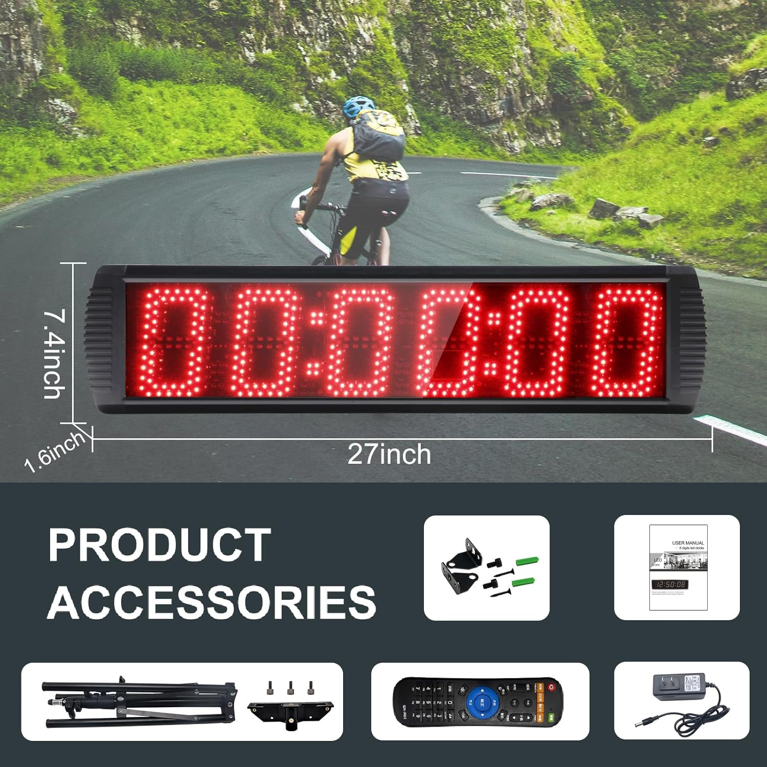 LED Race Clock, 5" High, 6 Digits, w/ Tripod, Remote Control