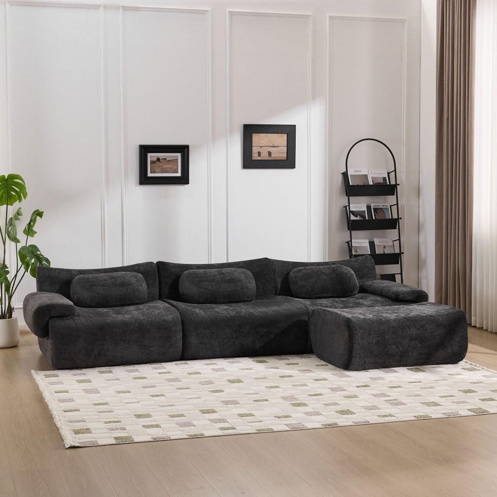 Modular Chenille Sofa 3-Seat Cushion Back Modern Upholstered Sectional, Black