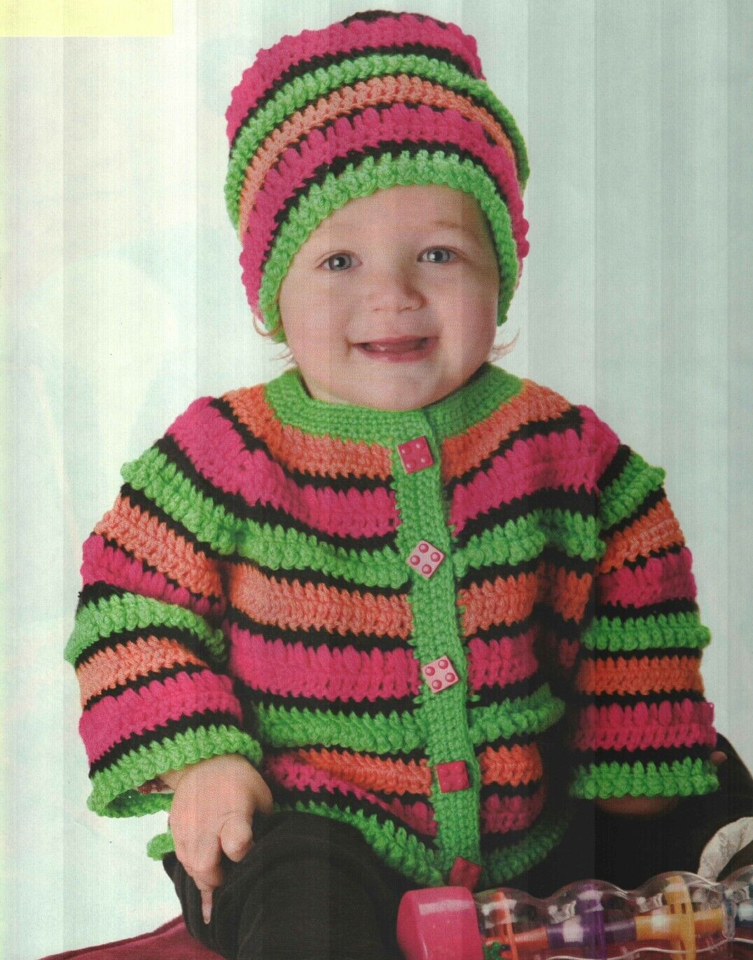 NEON BRIGHT SWEATER SET & HAT 3 CHILD SIZES CROCHET PATTERN INSTRUCTIONS