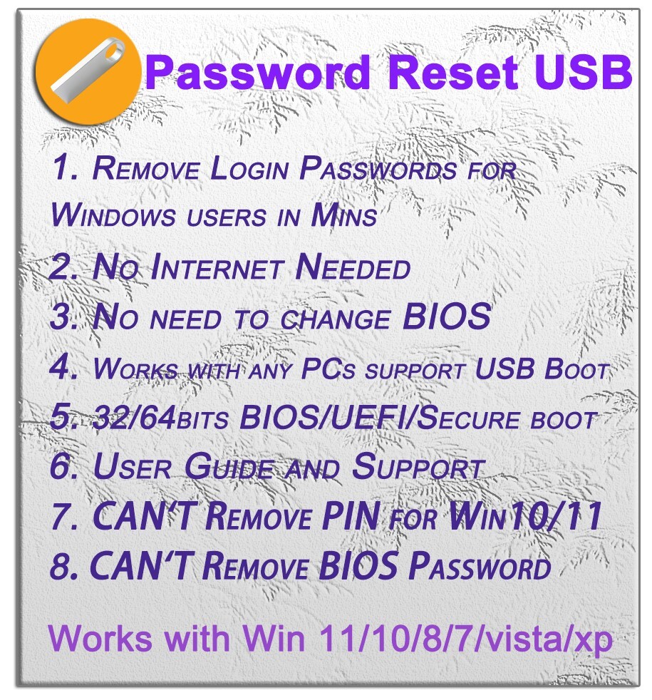 Password Reset Recovery Boot USB for Windows XP/7/Vista/8/10/11/server