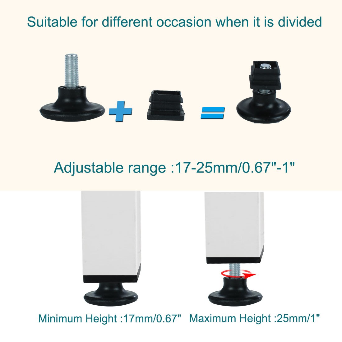 Adjustable Feet 20 x 20mm Square Inserts Furniture Glide 4 Sets