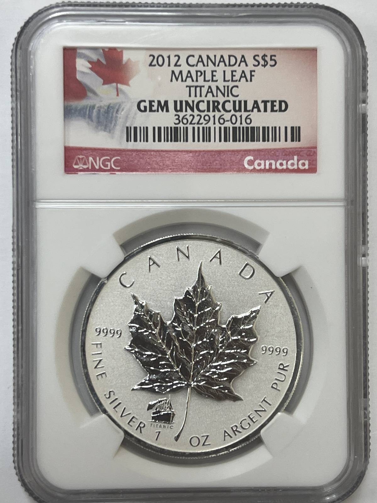 2012 CANADA Silver 5 DOLLARS NGC GEM Uncirculated Maple Leaf Titanic Privy