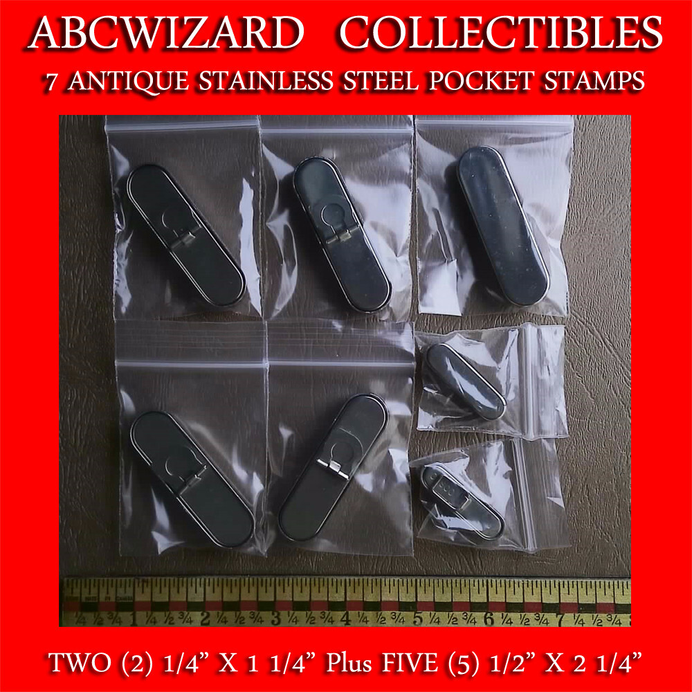 SEVEN (7) STAINLESS STEEL POCKET STAMPS - FIVE: 1/2"X1  1/2" + TWO: 1/4"X1  1/4"