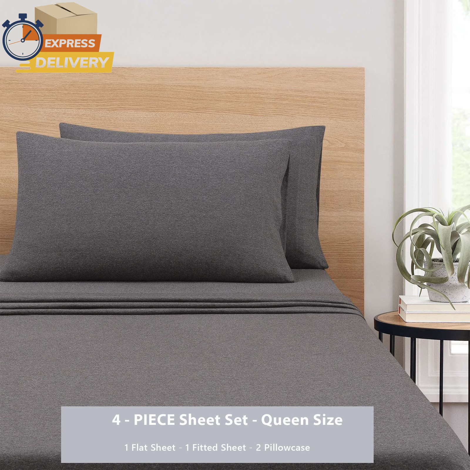 Cotton Rich Extra Soft Jersey Bed Sheet Set, Queen, Charcoal, 4 Pieces 👌👌