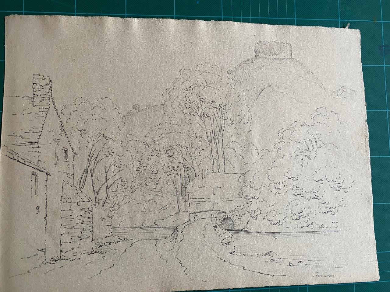 19th Century PENCIL DRAWING TREMATON VILLAGE & CASTLE DEVON FOLDER MacCULLOCH
