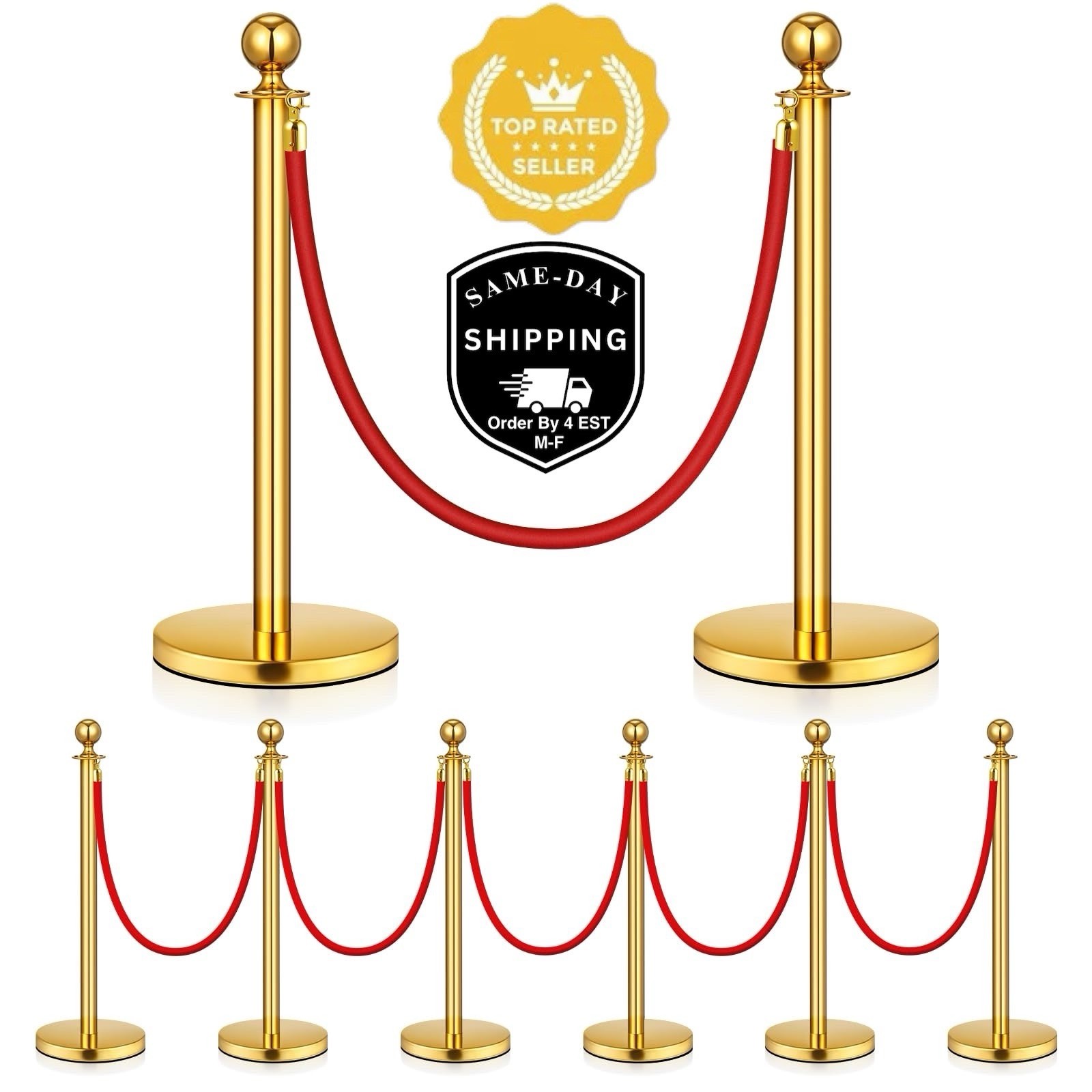8 Pack Upgraded Stainless Steel Stanchions and Velvet Ropes 5FT Extended Red Car