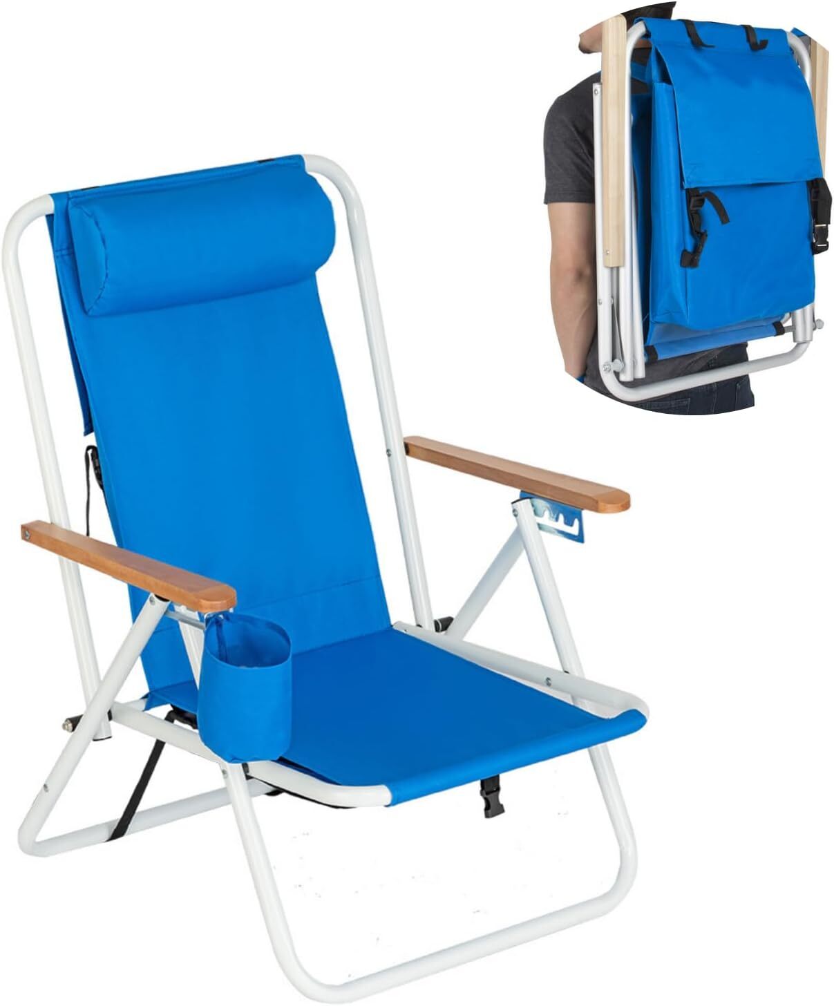 Folding Beach Chair Adjustable Headrest 4Flexible Tilt Angle Cup Holder Portable